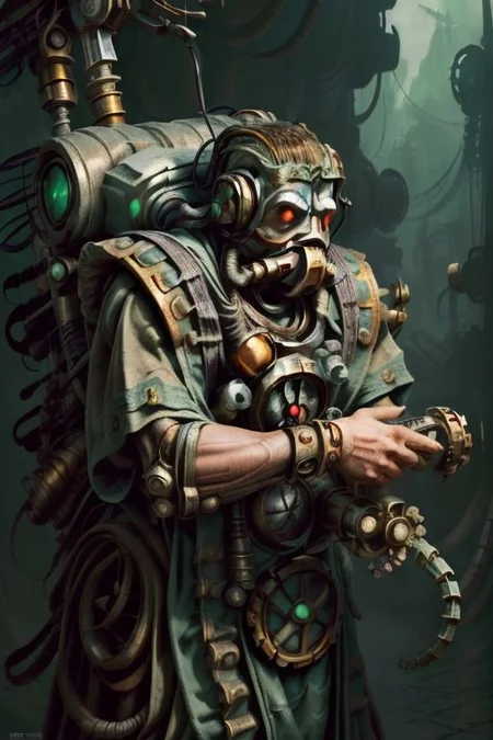 ((masterpiece,best quality)), absurdres, BREAK
mechanical arms, robes, hood, BREAK
((techpriest)), cyborg, mechanical face, mechanical limbs, gas mask, mechanical tentacles, (mechanical backpack), green cloak, BREAK
1other, solo, holding gun, weapon, gun, firearm, BREAK
(ZonaiAI),