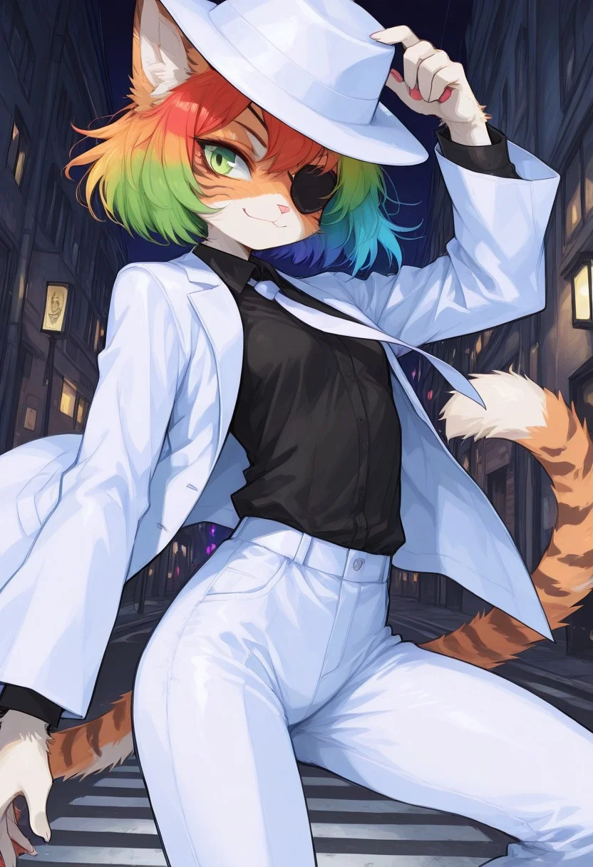 score_9, score_8_up, score_7_up, masterpiece, best quality, high quality, sharp lines, solo, luminescent background, 1girl, furry, fur, fur covered,
BREAK, anthro, skinny, petite body, small breasts, domestic cat, furry female, green eyes, orange fur, white belly, short haircut, rainbow hair, green eyes, white jacket, white pants, white fedora, black shirt, white tie, eye patch, small smile, determined, hand on hat, dynamic pose, night street, under street light, detailed background, close up, colorful