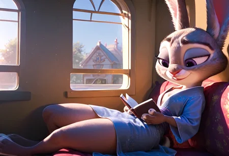 score_9, score_8_up, score_7_up judyhopps \(zootopia\), <lora:judyhopps-v2-ponyv6xl:1> , rabbit ears, curby, shortstack, rabbit girl, small breast, white fur, Expressiveh, volumetric lighting, ultra detailed, cinematic lighting, dramatic lighting, solo, solo focus, sexy pose, sexy, seductive, smile, indoors, relax, relaxing, train, kimono, shadows, sunny, sunset, (holding book with one hand), shadows, closeup, sit in a train, train cabin, train window background, ((reading)), day,