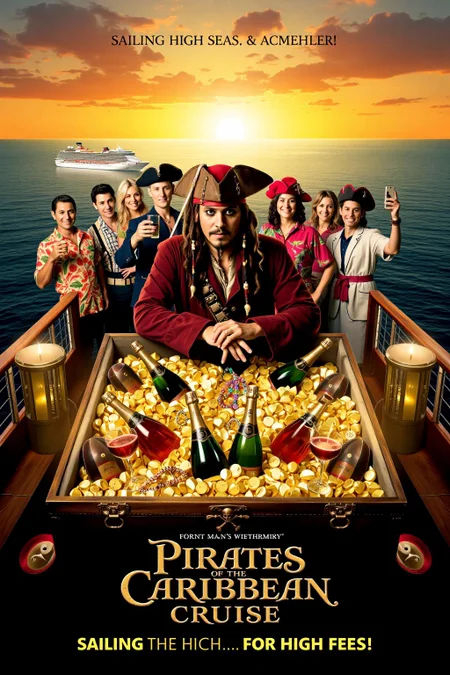 mvpstr. Epic movie poster for "Pirates of the Caribbean Cruise: Rich Man's Chest", featuring a luxury cruise ship decked out in pirate-themed decor. At the center, Captain Jack Sparrow leans nonchalantly on a sparkling treasure chest overflowing with gold, champagne bottles, and jewelry, looking bewildered yet intrigued by the high-society setting. Around him, wealthy tourists in Hawaiian shirts and pirate hats are sipping cocktails, snapping selfies, and obliviously enjoying the pirate life.
In the background, a sunset over calm Caribbean waters sets a luxurious yet absurdly adventurous mood. The tagline reads: "Sailing the High Seas... for High Fees!"
<lora:schnell_v1.0:1.0> <lora:EpicMoviePoster-000015:1.0><lora:788586266758465850:0>