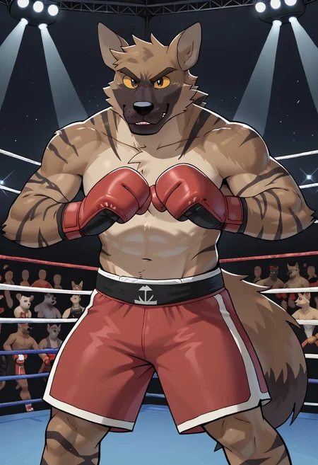 score_9, score_8_up, score_7_up, solo, 1boy, (Redlinevn), hyena, yellow sclera, (dark gray eyes), mad, fight stance, balled fist, red boxing mitts, (red boxing shorts), boxing arena, boxing arena background, lights, background audience, indoors, hi res, 4k res, body movement, looking at viewer, pupils shown, detailed eyes, eyes focus, perfect eyes, perfect face, best artwork, highly detailed
