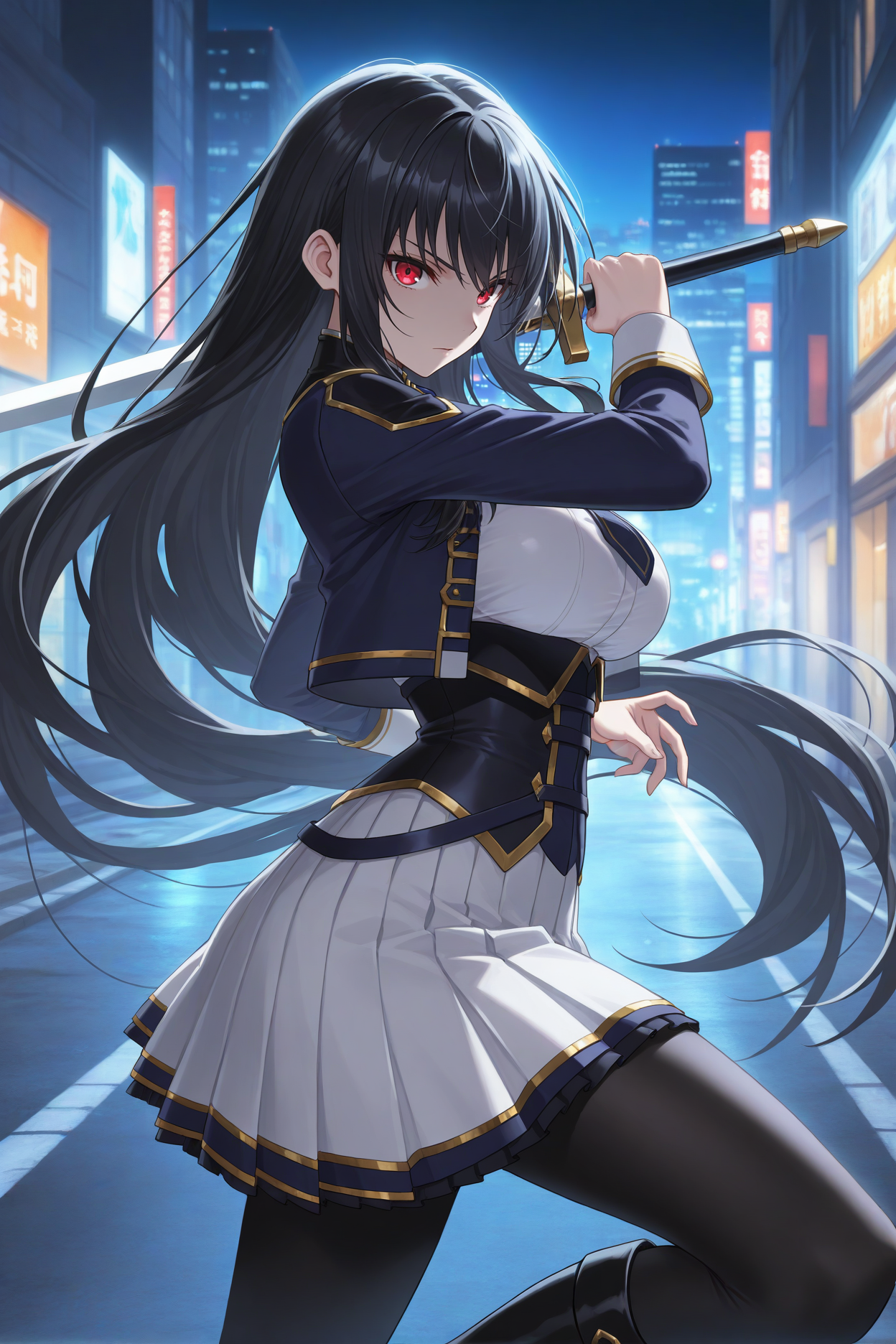 masterpiece, best quality, 1girl, solo,  <lora:clairekagenou-illu-nvwls-v1-000006:1> clairekagenou, black hair, very long hair, red eyes, dark blue jacket, dark blue necktie, gold trim, white shirt, corset, white skirt, pleated skirt, black pantyhose, black boots, large breasts, night, holding sword, serious, from side, dynamic pose, city, looking at viewer, street, standing