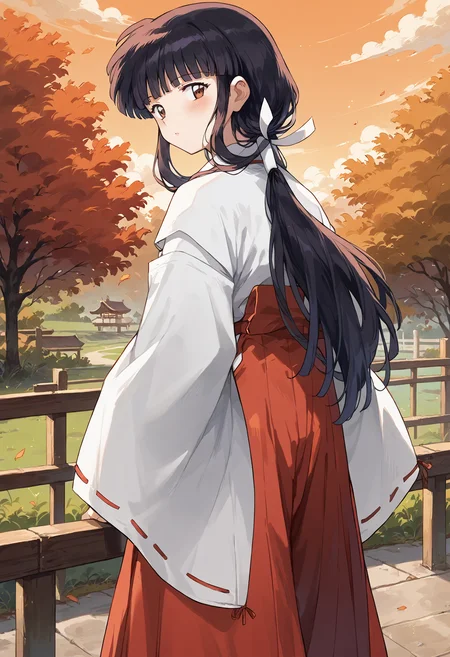 score_9, score_8_up, score_7_up, , score_ANIME, <lora:kikyo_inuyasha_pony:1>kikyoinu, miko, 1girl, japanese clothes, solo, , black hair, red hakama, brown eyes, wide sleeves, hair ribbon, long hair, blunt bangs, sidelocks, long sleeves, standing, looking back, from behind, low ponytail, orange sky, sunset, maple leaf, cowboy shot, maple tree, fence,