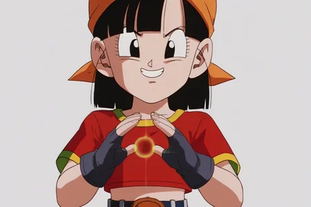 source_anime, score_9, score_8_up, score_7_up, anime screencap,8k, absurd res,
pan \(dragon ball\), 1girl, solo, looking at viewer, smile, bangs, simple background, black hair, gold trim, white background, short sleeves, black gloves, blunt bangs, fingerless gloves, black eyes, red shirt, orange bandana, female child, upper body, hands together elbows apart, energy ball, midriff, v-shaped eyebrows, v-shaped eyes, fingernails, eyelashes
<lora:panRemake_pony_v1:0.8>