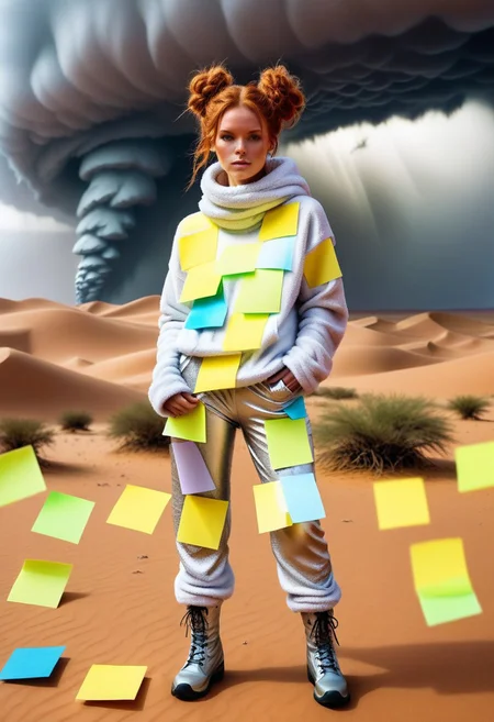 masterpiece, best quality,
1girl, woman, Bunij, ginger hair, hair buns, <lora:Bunij:0.9>, wearing shaggy silver legwarmers, shaggy silver fleece pants, fluffy oversized silver hoodie, in the middle of the Sahara desert, ((overcome by a tornado made from Jed-StickyN sticky notes))