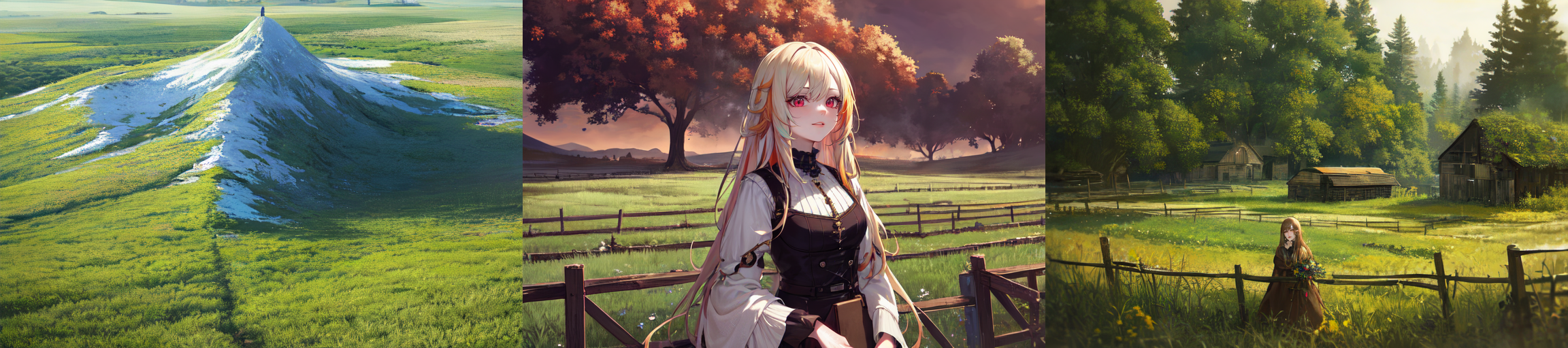 (otherworldly), highly insanely detailed, masterpiece, top quality, best quality, highres, 4k, 8k, RAW photo, (very aesthetic, beautiful and aesthetic), farm, fields, barn, fence, fantfa, <lora:FantasyFarm-10:0.6>, 
1girl, 
(__lazy-wildcards/char/haircolor__), 
(__lazy-wildcards/dataset/background-color__),âââ