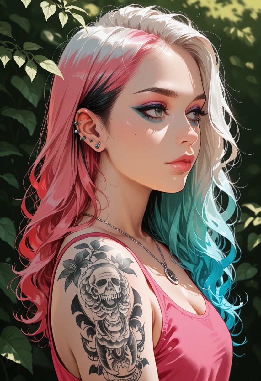 score_9,score_8_up, source_anime,1girl, day, ((long hair)), multi colored hair, alt girl, makeup,emo, emo makeup, lips, closed mouth, wavy hair, long hair, realistic,tank top,jewelry,necklace, (tattoos, piercings, septum piercing:2),earrings,posed, seductive, pink-emo, waist up portrait