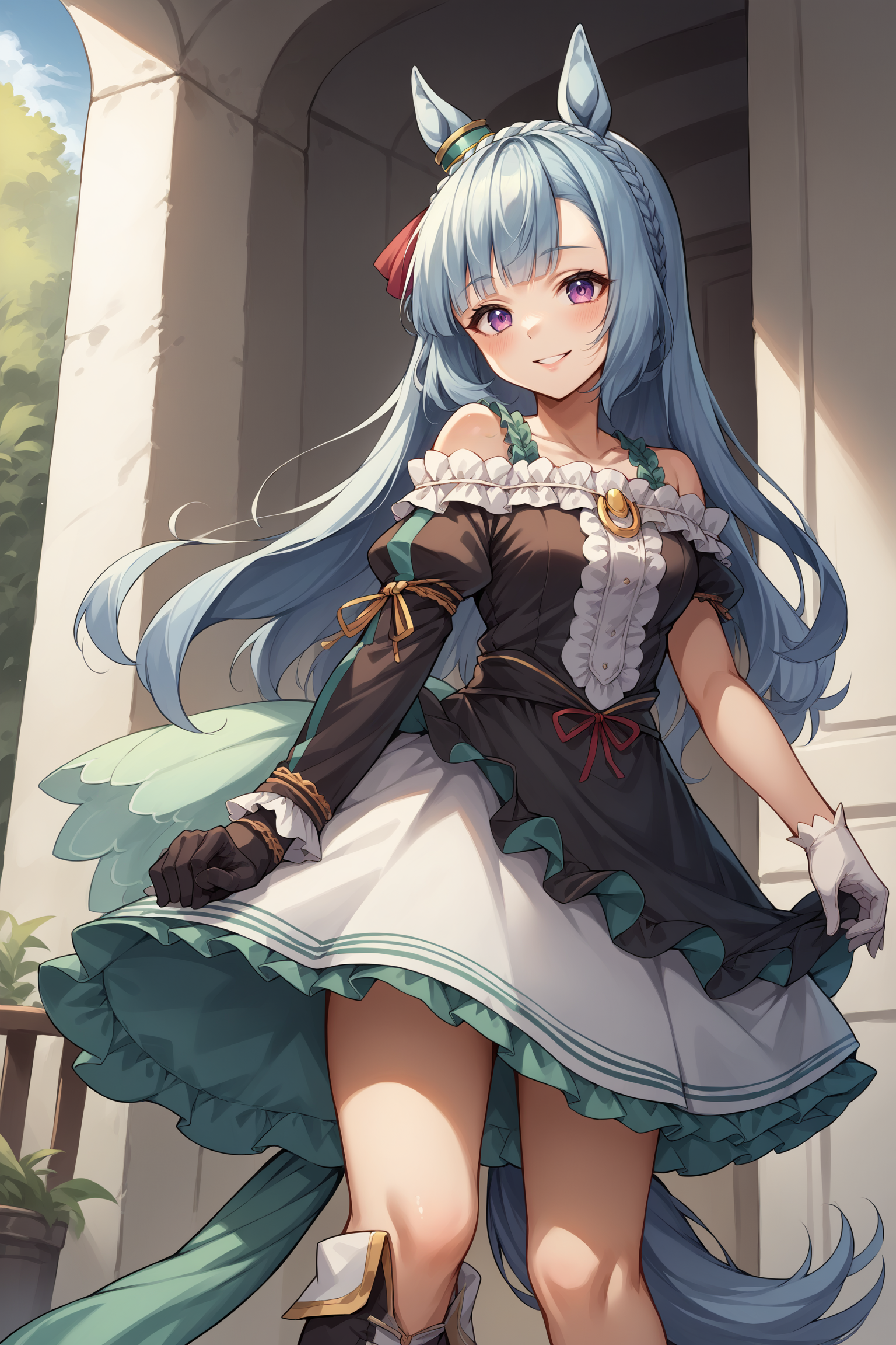 score_9, score_8_up, score_7_up, , rating_general ,1girl , ards, crown braid, horse ears, ear ornament, frills, off-shoulder dress, uneven sleeves, asymmetrical gloves, horse tail, mismatched footwear, dynamic angle , source_anime    ,  cowboy shot, indoors, naughty face, smile, night, outdoors, <lora:ArdanPDCAME UMA:1>