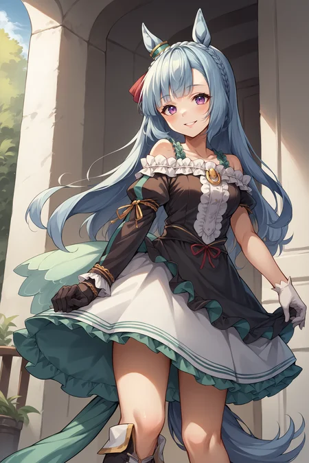 score_9, score_8_up, score_7_up, , rating_general ,1girl , ards, crown braid, horse ears, ear ornament, frills, off-shoulder dress, uneven sleeves, asymmetrical gloves, horse tail, mismatched footwear, dynamic angle , source_anime    ,  cowboy shot, indoors, naughty face, smile, night, outdoors, <lora:ArdanPDCAME UMA:1>