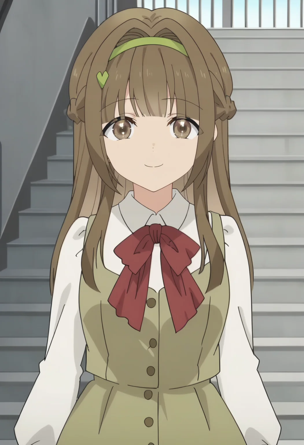 haruka katsuragi, 1girl, long hair, brown hair, solo, braid, brown eyes, green hairband, sidelocks, blunt bangs, heart hair ornament, white shirt, green dress, school uniform, red bowtie, long sleeves, sleeveless dress, red bow, looking at viewer, smiling <lora:Haruka Katsuragi:0.9>, score_9, score_7_up,anime coloring ,source_anime, anime, anime screencap