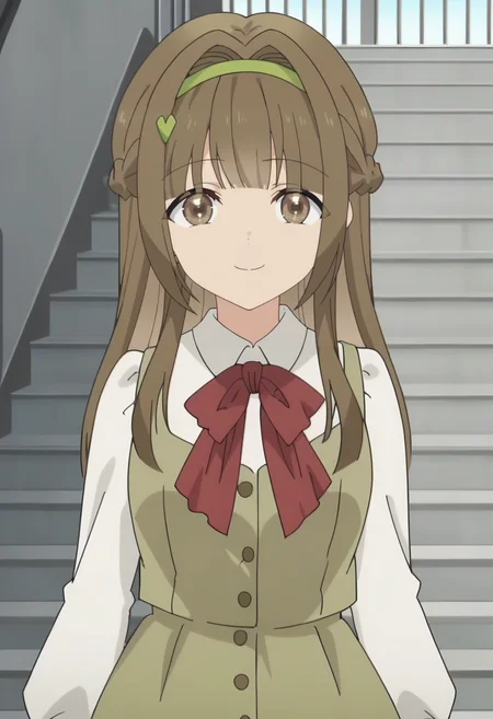 haruka katsuragi, 1girl, long hair, brown hair, solo, braid, brown eyes, green hairband, sidelocks, blunt bangs, heart hair ornament, white shirt, green dress, school uniform, red bowtie, long sleeves, sleeveless dress, red bow, looking at viewer, smiling <lora:Haruka Katsuragi:0.9>, score_9, score_7_up,anime coloring ,source_anime, anime, anime screencap