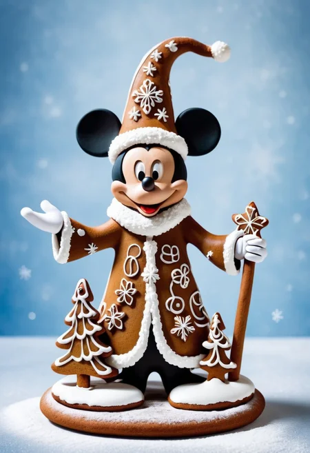 A wizard ,Mickey Mouse,winter snow.Christmas<lora:GingerbreadStyle_epoch_10:0.7>