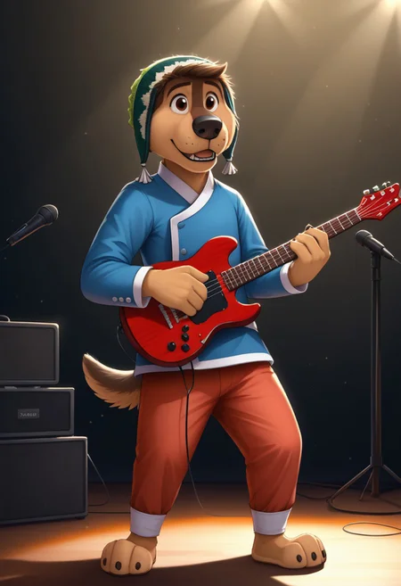 score_9, score_8_up, score_7_up, cartoon_style, ((by BodiPhant0m)), byBodiRDz, 4k, 8k, The best quality, very well drawn, detailed,
high quality, detailed, 4k, high resolution, high quality, high resolution, outdoors, furry character, canine, 2d, solo, 
rockdog, bodi, style rock dog, movie style, style[rockdog], rockdog, male, tibetan mastiff, mastif, dog boy, dog, bodi, Tibetan Mastiff with brown-and-tan fur with tan fur on his muzzle, hands and feet black nose, brown eyes and black trimmed claws, blue Tibetan jacket with a white trim, white cuffs and a white belt, red-orange pants with white cuffs and a green Tibetan beanie cap with locks of his mane poking out from the front,
teeth, blurry background, furry, spotlight, dog, music, guitar, furry_male, playing_instrument, holding instrument, instrument, microphone, furry, dog tail, guitar, microphone_stand, concert,
(sexy), naked, exposed, easynegative, Split Lighting style, partially covered in shadow