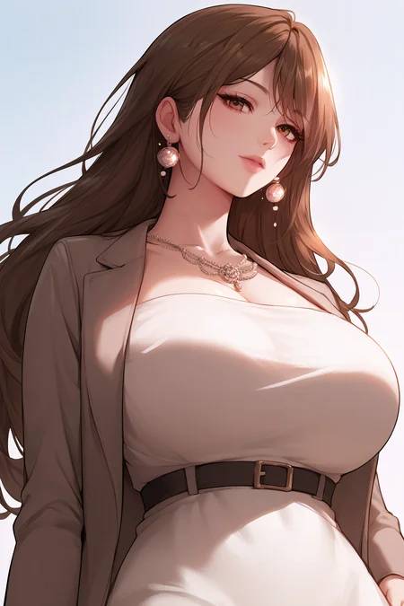 score_9, score_8_up, score_7_up, score_6_up, score_5_up, score_4_up, <lora:Mommy-PonyXL-lora-faxtron:0.8> mommy, brown eyes, brown hair, long hair, large breasts, white dress, earrings, jacket on shoulders, jewelry,