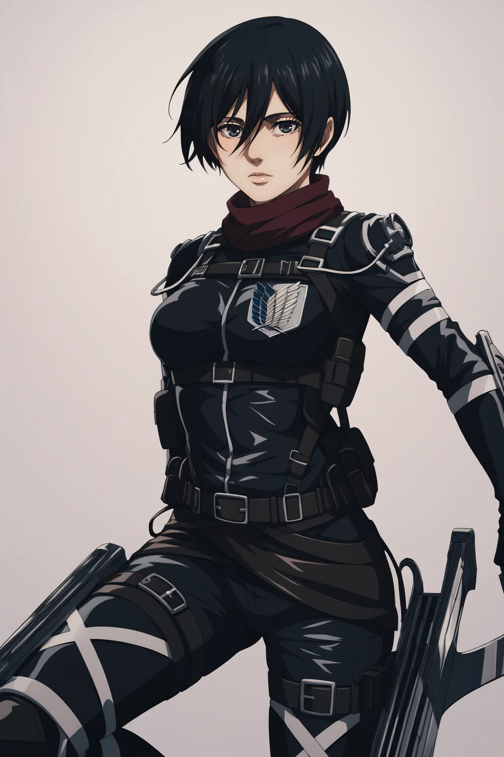 score_9, score_8_up, score_7_up, BREAK source_anime, <lora:adult mikasa ackerman-PonyXL-lora-faxtron:0.8> adult mikasa ackerman, black eyes, black hair, short hair, medium breasts, paradis military uniform, armor, belt, thigh strap,