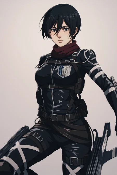 score_9, score_8_up, score_7_up, BREAK source_anime, <lora:adult mikasa ackerman-PonyXL-lora-faxtron:0.8> adult mikasa ackerman, black eyes, black hair, short hair, medium breasts, paradis military uniform, armor, belt, thigh strap,
