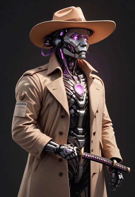 Highly detailed dark cinematic scene.
score_9, score_8_up, score_7_up, score_6_up, score_5_up, score_4_up,  realistic, concept art , 1man, solo, post apocalypse outfit, purple cape blowing in the wind, cowboy hat, robot arm, trench coat, mechanical mask, purple glowing chest, glowing eyes, holding katana, 
The atmosphere is dark yet magical, blending eerie stillness with melancholy. Bright colors and cozy highlights contrast the shadowy backdrop lined with amethysts. asdfm3cha
WORLD MORPH MATCHES, FIRE, monochrome, glow, neon, asdfm3cha