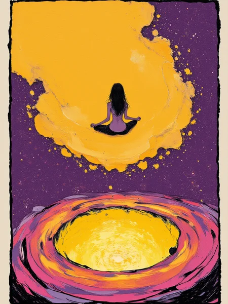 An illustrated image of a woman meditating while floating above a glowing crater, with stars visible in the distance. background is amber yellow <lora:Midjourney_Whisper_BrushPulse_v01:0.7>, border is wisteria violet <lora:inkedgemono-simple_epoch-08:0.9> 1NK3D63SIM <lora:Midjourney_Whisper_Minimal:0.9>
| no deformed hands, no too many limbs, no too many fingers,