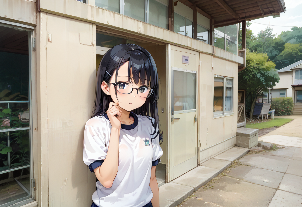 score_9, score_8_up, score_7_up, rating_safe, masterpiece, best quality, absurdres, unity 8k wallpaper, official art, official style, source_anime, uncensored, game cg, megami magazine,
1girl, solo, glasses, black hair, long hair, gym uniform, sportswear, looking at viewer, blush, hand on own cheek, 
taikusouko, multiple girls, door, exterior, outdoors, 
 <lora:gakkou_taiikusouko_PONY_V1:1>