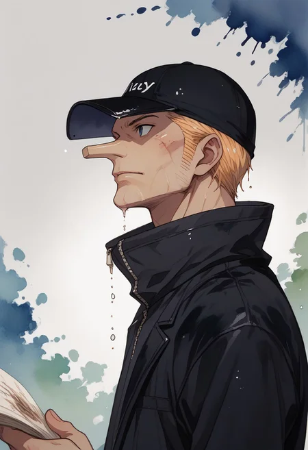 score_9, score_8_up, score_7_up, source_anime, rating_safe, wet, KakuOP, long Kaku nose, blonde Kaku hair, 1boy, male focus, black Kaku cap, black Kaku jacket, hands with five fingers, abstract stain background, old paper medium, from side, flat color, watercolor \(medium\), traditional media,