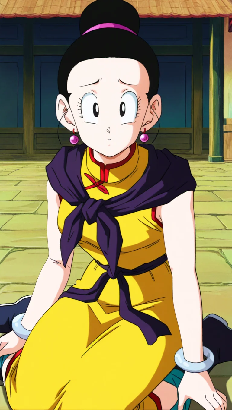 source_anime, masterpiece, best quality, amazing quality, anime screencap, high quality, 8k, absurdres, official style, 1girl, solo, looking at viewer, wariza, confused, <lora:ChiChi_OG_Z_iL:1>, ch1ch1, black eyes, black hair, buu saga, hair up, hair bun, single hair bun, yellow china dress, purple scarf, sash, purple sash, jewelry, earrings, bracelet, boots, black footwear, chinese clothes,