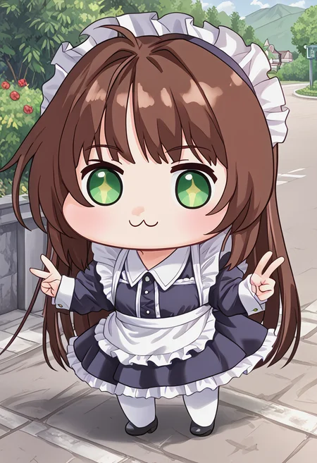 <lora:trumkuu_Pv11-000030:1> ntrkuu, high quality, <lora:Doro_X_PDXL_V1:1> doro, creature, :3, chibi, no humans, white skin, solid circle eyes, no pupils, v, brown hair, BRAKE, brown hair, green eyes, outdoors, maid apron,