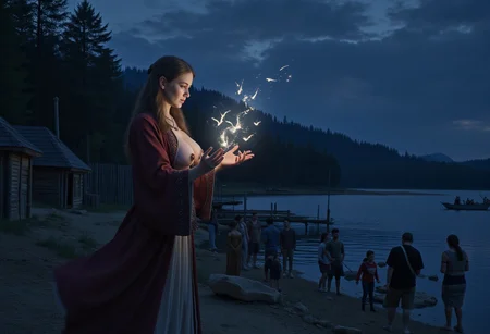 score_9, score_8_up, score_7_up, source_anime,
beautiful Nordic pagan priestess, medieval robe, exposed saggy medium breasts, holding magical instruments in her hands, preparing a spell, mystical light emanating from her hands, action pose, 
medieval clothed male and female villagers with different looks, terrified villagers gathered around the priestess, medieval lakeside village, wooden sheds, wooden cottages, Nordic forest, medieval lake boat anchored in the middle of the lake, small rowboats on the shore, medieval setting, dim summer night, midnight sun,
sophisticated color grading, masterful composition, action scene, visually compelling scene, dreamlike atmosphere, 
ultradetailed, (photorealistic:1.3), (masterpiece), best quality, (hyperrealism:1.3), (hyperdetailed:1.3), intricate details, 
sharp focus, 4k, high resolution, natural light, ray tracing, depth of field, wide angle, wide perspective, long range, panoramic view, full body in frames,
herbstphoto, herbst photo, busty breasts, nipples, massively huge breasts, anime, anime style