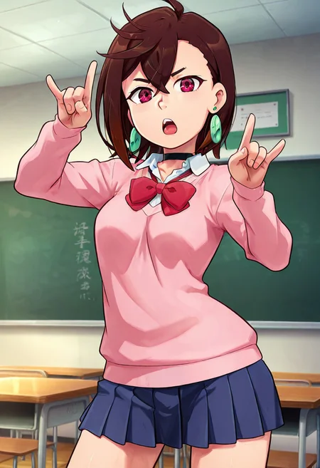 score_9, score_8_up, score_7_up, anime screencap, source_anime, 1girl, solo, ayasemomo, hair between eyes, crossed bangs, green earrings,  brown hair, red eyes, black choker, short hair, white shirt, red bowtie,pleated skirt,school uniform, pink cardigan, long sleeves, serious, looking at viewer, open mouth, classroom, daytime, kitsune dance