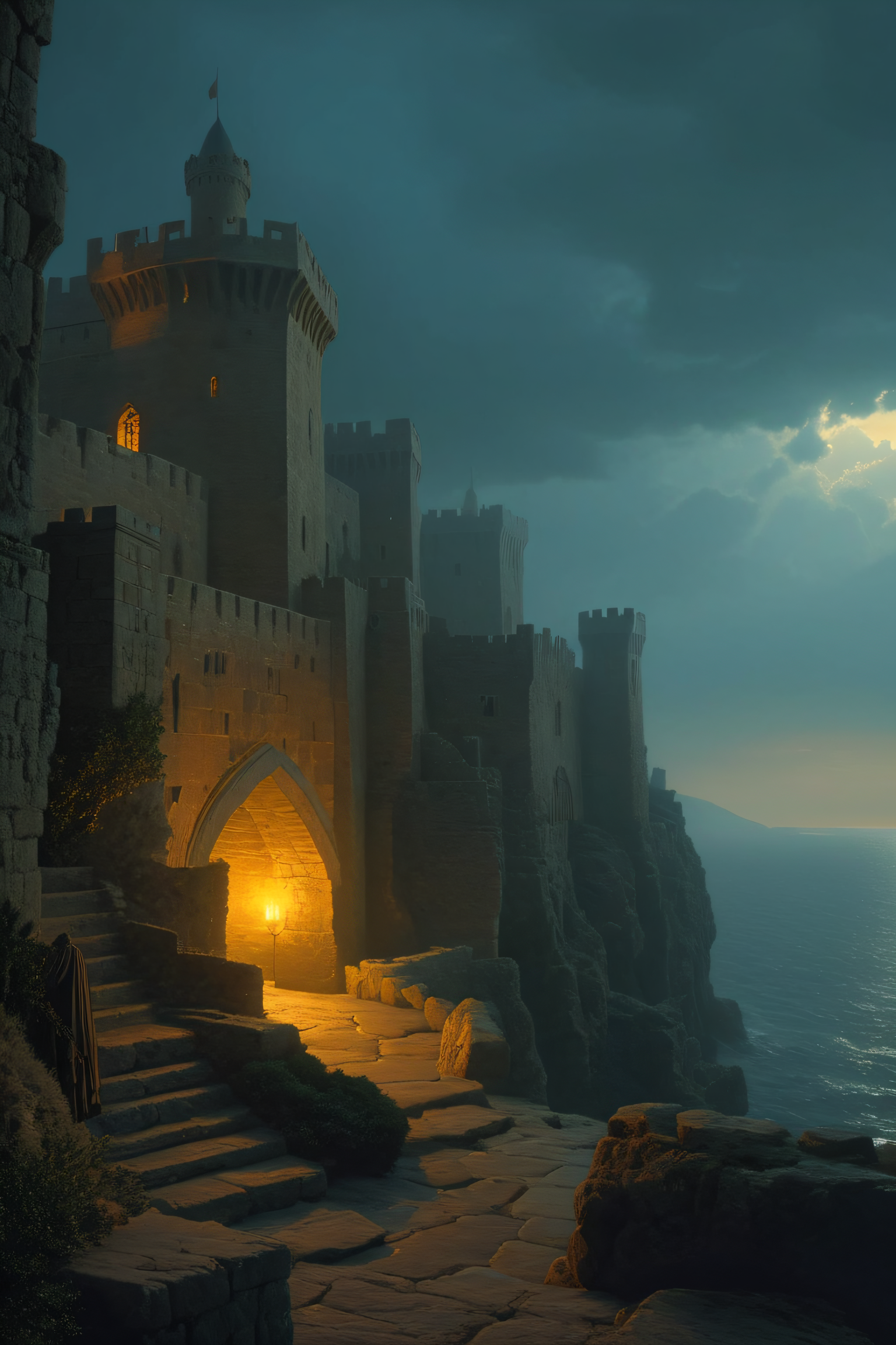 fantasy atmosphere, crusader castle at coast in palestine, (13th Century:1.5), dramatic atmosphere, dream scenery art, beautiful oil painting, masterpiece, highres, <lora:add-detail-xl:1>  <lora:Aros_Castle_Style:1>