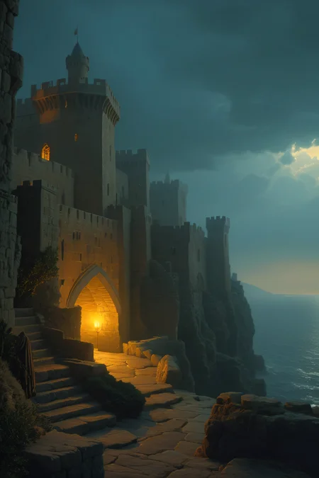 fantasy atmosphere, crusader castle at coast in palestine, (13th Century:1.5), dramatic atmosphere, dream scenery art, beautiful oil painting, masterpiece, highres, <lora:add-detail-xl:1>  <lora:Aros_Castle_Style:1>