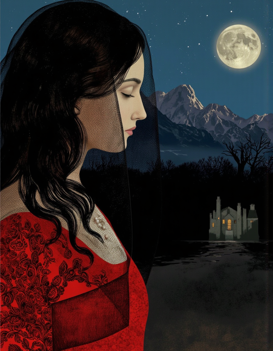By Anna & Elena Balbusso. A digital illustration shoot from a profile camera angle about a silhouette of a woman with a veil over her head, set against a backdrop of a night sky with a full moon and a castle in the distance. the image also shows a dark, moody landscape with bare trees and mountains in the background. on the middle of the image, a woman, who appears to be in her late 20s, is facing away from the viewer, with her upper body visible. she has long, flowing black hair and is wearing a red dress with intricate lace patterns. her face is covered by a sheer black veil, and she has a serene expression. her hair is styled in a way that creates a sense of depth and dimension. her eyes are closed, and her lips are slightly parted, giving her a calm and peaceful look. she is also wearing a pearl necklace, adding a touch of elegance to her overall appearance.