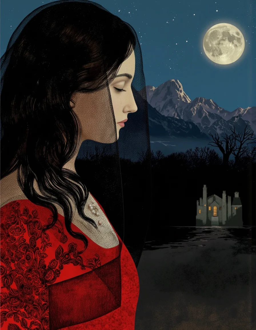 By Anna & Elena Balbusso. A digital illustration shoot from a profile camera angle about a silhouette of a woman with a veil over her head, set against a backdrop of a night sky with a full moon and a castle in the distance. the image also shows a dark, moody landscape with bare trees and mountains in the background. on the middle of the image, a woman, who appears to be in her late 20s, is facing away from the viewer, with her upper body visible. she has long, flowing black hair and is wearing a red dress with intricate lace patterns. her face is covered by a sheer black veil, and she has a serene expression. her hair is styled in a way that creates a sense of depth and dimension. her eyes are closed, and her lips are slightly parted, giving her a calm and peaceful look. she is also wearing a pearl necklace, adding a touch of elegance to her overall appearance.