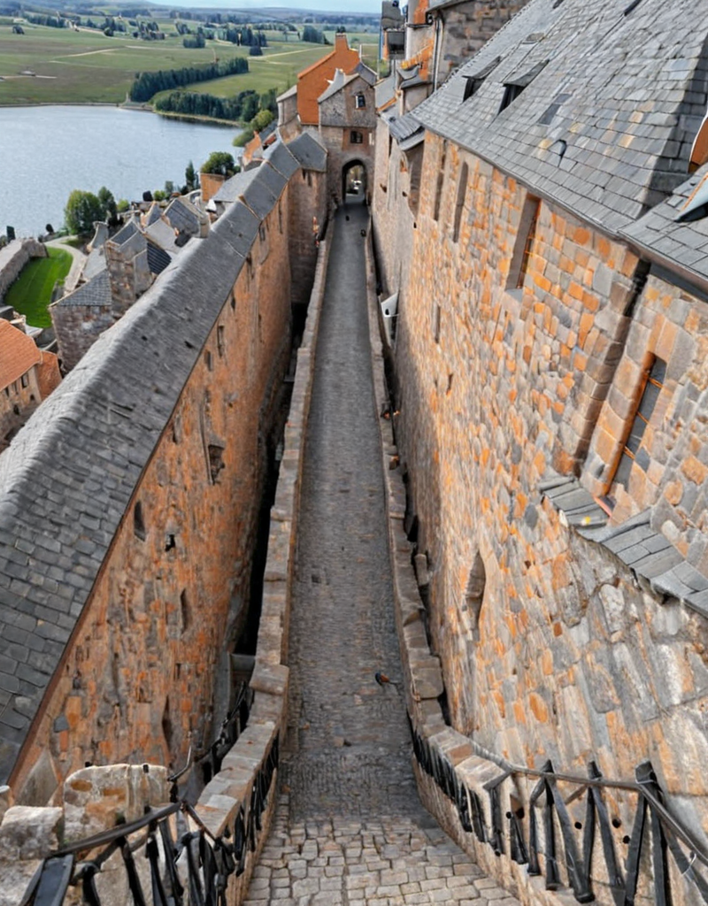 <lora:YCO_xl_F1c:1> yco_xl, fortified town, grey and orange and brown colored town wall stones, outside, from wall, in height, lake, scenery, bird's eye view, very narrow pathway going down