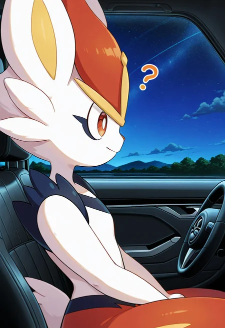 score_9, score_8_up, score_7_up, source_anime, show accurate, 1creature, happy, solo, zzCinderace, side view,portrait, close up, face focus, thick thighs, wide hips, steamy body, vanishing point, car interior, steering wheel, driving, sitting, half torso, ?, night sky