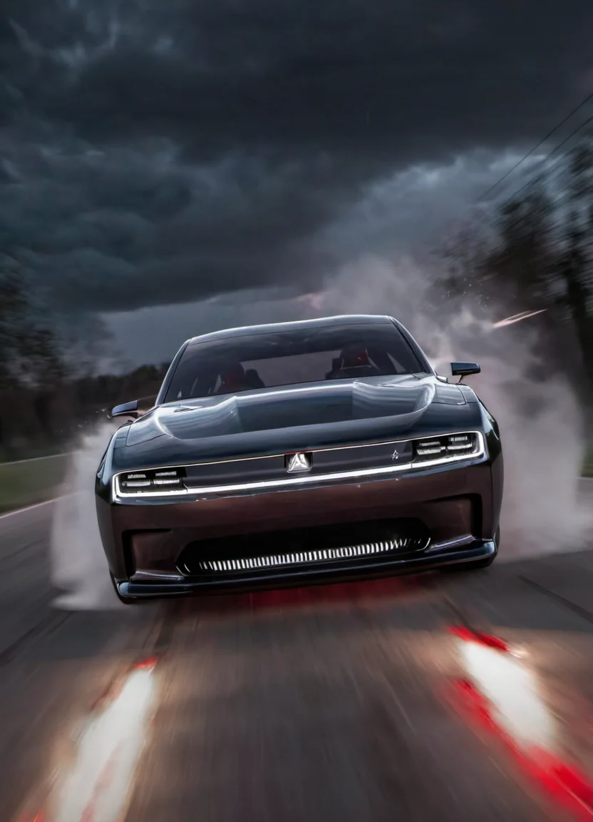 <lora:ChargerConceptSDXL_v1:1> black chargerconcept driving through the night, seen from the front with the lights on, tire smoke, dramatic, red lighting, driver, lightning and storm,
realistic, cinematic, highly detailed,