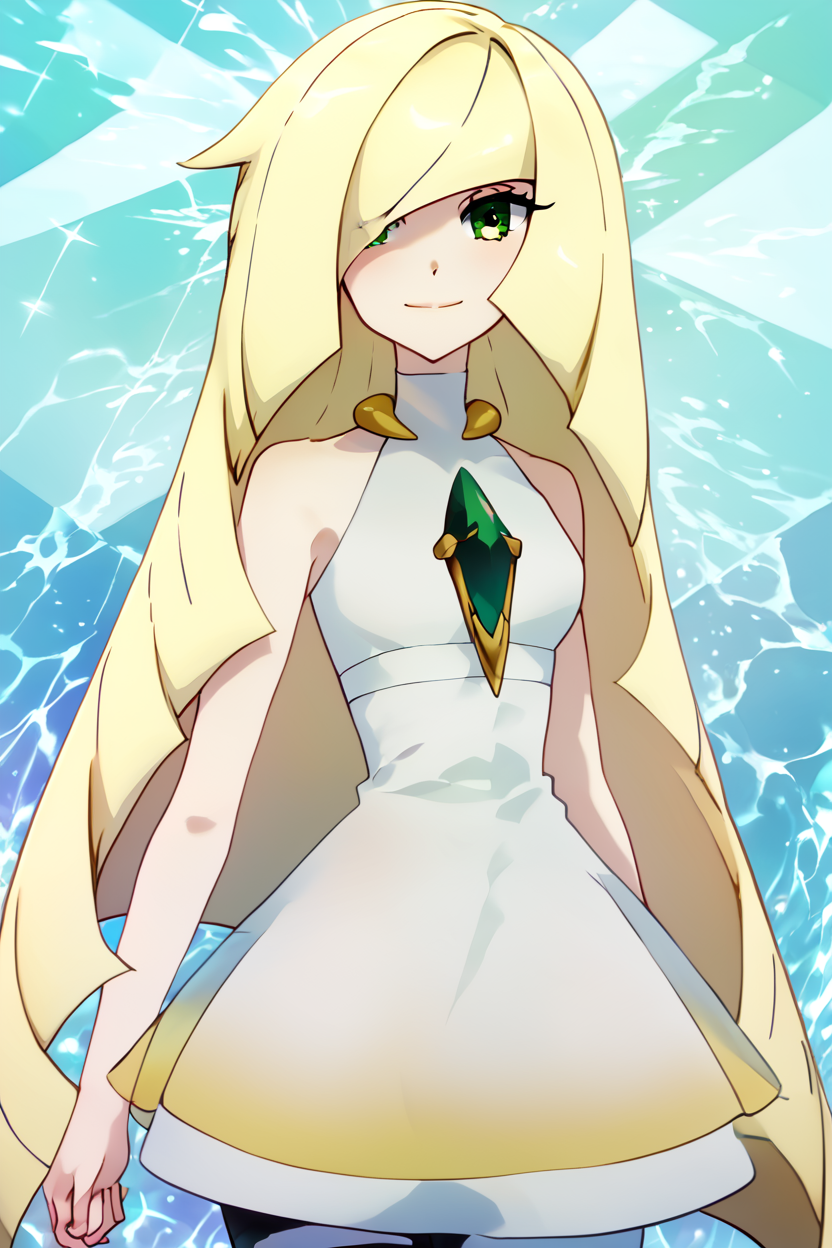 score_9, score_8_up, score_8, medium breasts, (curvy), cute, eyelashes,       ,,, , ,,, zzLusamine, green eyes, hair over one eye, blonde hair, long hair, very long hair, white dress, sleeveless dress, bare arms, bare shoulders, diamond (shape), green gemstone,  <lora:Lusamine_Pokemon_PDXL:1.0>,  ,,,, BREAK, smile, looking at viewer, cowboy shot, ,,, embedding:zPDXL, Expressiveh, ,,, <lora:PrismaIllya_PDXL_v3:1.0>, <lora:SDXLFaeTastic2400:0.5>, <lora:Expressive_H-000001:0.4>,