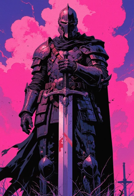 cinematic film still award winning photo .Stark Pink and purple sky with a black armored knight resting his arms on a large sword.shallow depth of field, vignette, highly detailed, high budget, bokeh, cinemascope, moody, epic, gorgeous, film grain, grainy,anime, cyberpunk, Comic book style