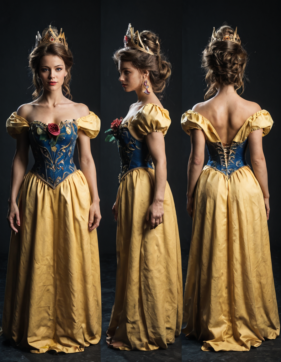 , masterpiece, best quality,  <lora:characterDesignSheetQuiron_illus:1>   characterDesignSheetxQuiron,    standing, full body,  multiple views, Belle (Beauty and the Beast): Belle's yellow ball gown, rose, and love for books make her a beloved Disney princess choice for cosplayers.