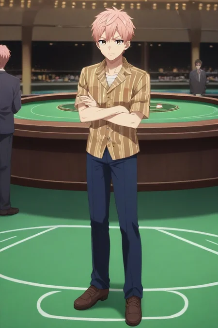 score_9, score_8_up, score_7_up, source_anime, rating_safe, , semi-realistic, looking at viewer, , 1boy, solo, male focus, <lora:shion_asuma_pony:0.74>, shion_asuma, pink hair, brown eyes, short hair, full body, las vegas, casino, indoors, crossed arms, tearing up, , <lora:sdxl_lightning_8step_lora:1>