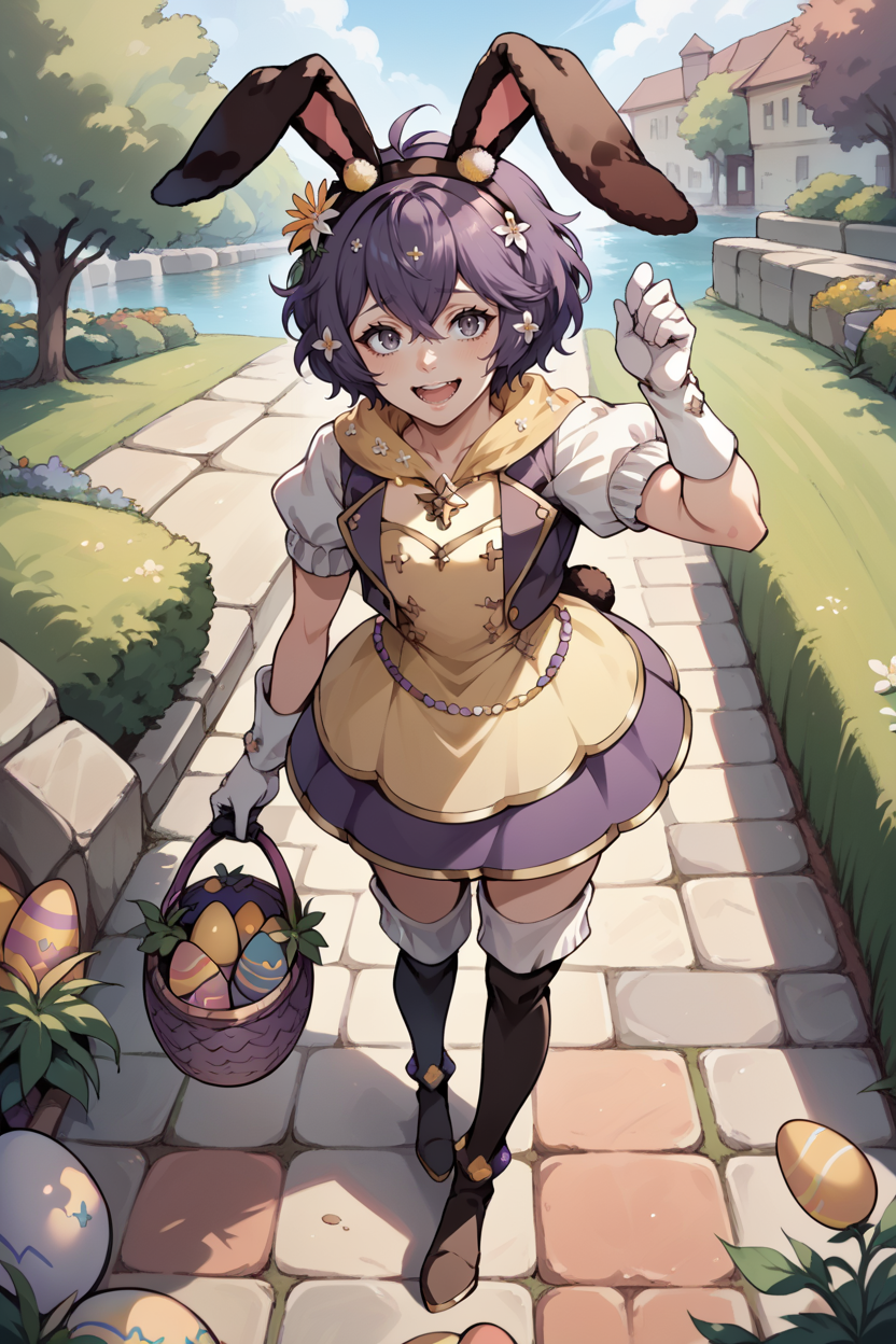 score_9, score_8_up, score_7_up, score_6_up, source_anime, 1girl BREAK <lora:bernadetta-pdxl-nvwls-v1:1> sprBernie, messy hair, hairband, fake animal ears, hair flower, yellow dress, white gloves, puffy short sleeves, thigh boots, holding easter egg, smile, open mouth, garden, cobblestone, river