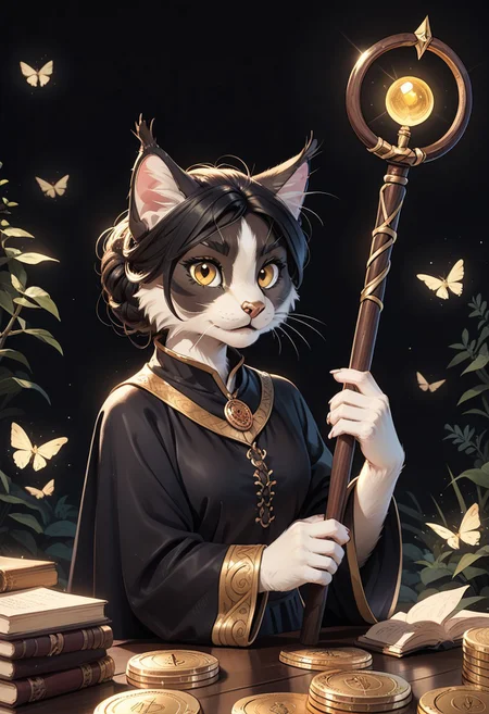 score_9, score_8_up, score_7_up, fluffy, 3mb3r, feline, black and white fur, yellow eyes, black hair, chin piercing, witch, dramatic lighting, holding a staff raised high in one hand, magical glow around the staff, golden coins scattered around, dark and mystical atmosphere, cinematic lighting, highly detailed, ultra-detailed face, perfectly symmetrical features, realistic fur texture, enchanting spellcasting scene, glowing magical aura, intricate details on the staff, sparkling light effects, 8k resolution, hyper-realistic, masterpiece, sharp focus