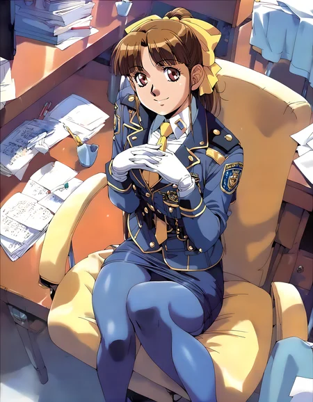 <lora:pony_xl_yuki:0.9>,yuki,score_9,score_8_up,score_7_up,source_anime,1girl,solo,hair_ribbon,yellow ribbon,uniform,police uniform,long sleeves,necktie,white gloves,pencil skirt,blue pantyhose,smile,indoor,office,chair,cowboy_shot,looking_at_viewer,sitting_on_chair,hands_on_own_knees,knees_together_feet_apart,