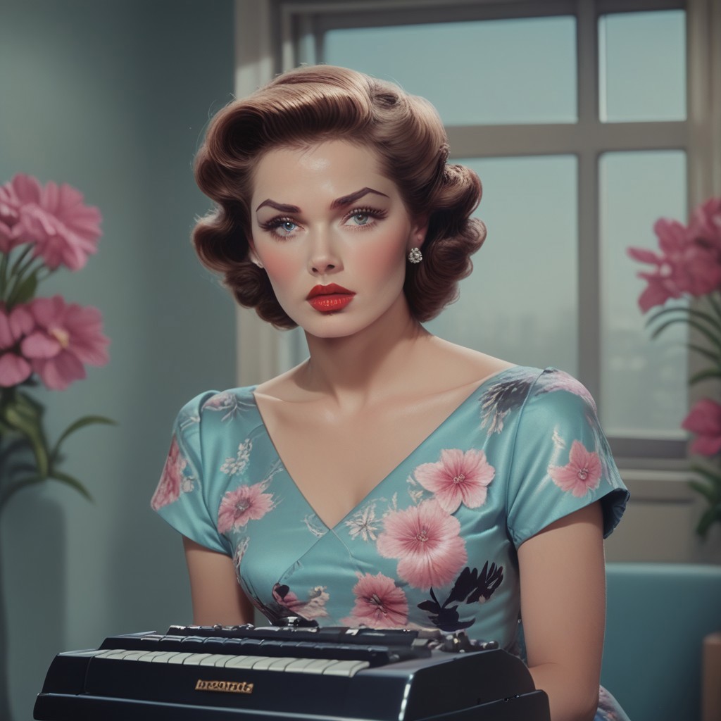 Score_9, score_8_up, score_7_up, BREAK 
ArsMovieStill, Movie Still From Colored 1950s Super Panavision 70 Movie, The image shows a woman in a blue dress sitting at a typewriter with a plant with flowers to her left and a wall and window in the background., 1girl, solo, brown hair, looking at viewer, earrings, jewelry, red lips, floral print, short sleeves, upper body
