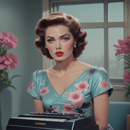 Score_9, score_8_up, score_7_up, BREAK
ArsMovieStill, Movie Still From Colored 1950s Super Panavision 70 Movie, The image shows a woman in a blue dress sitting at a typewriter with a plant with flowers to her left and a wall and window in the background., 1girl, solo, brown hair, looking at viewer, earrings, jewelry, red lips, floral print, short sleeves, upper body