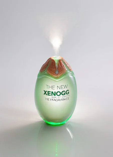 stylish product photograph of a xenoegg on a reflective white surface, from above, white background, designer packaging, green light, spotlight, foggy ground, beautiful lit, shiny and clean, text that says "The new Fragrance" in bold letters
<lora:Xenomorph_Egg_SDXL:0.8> xenoegg