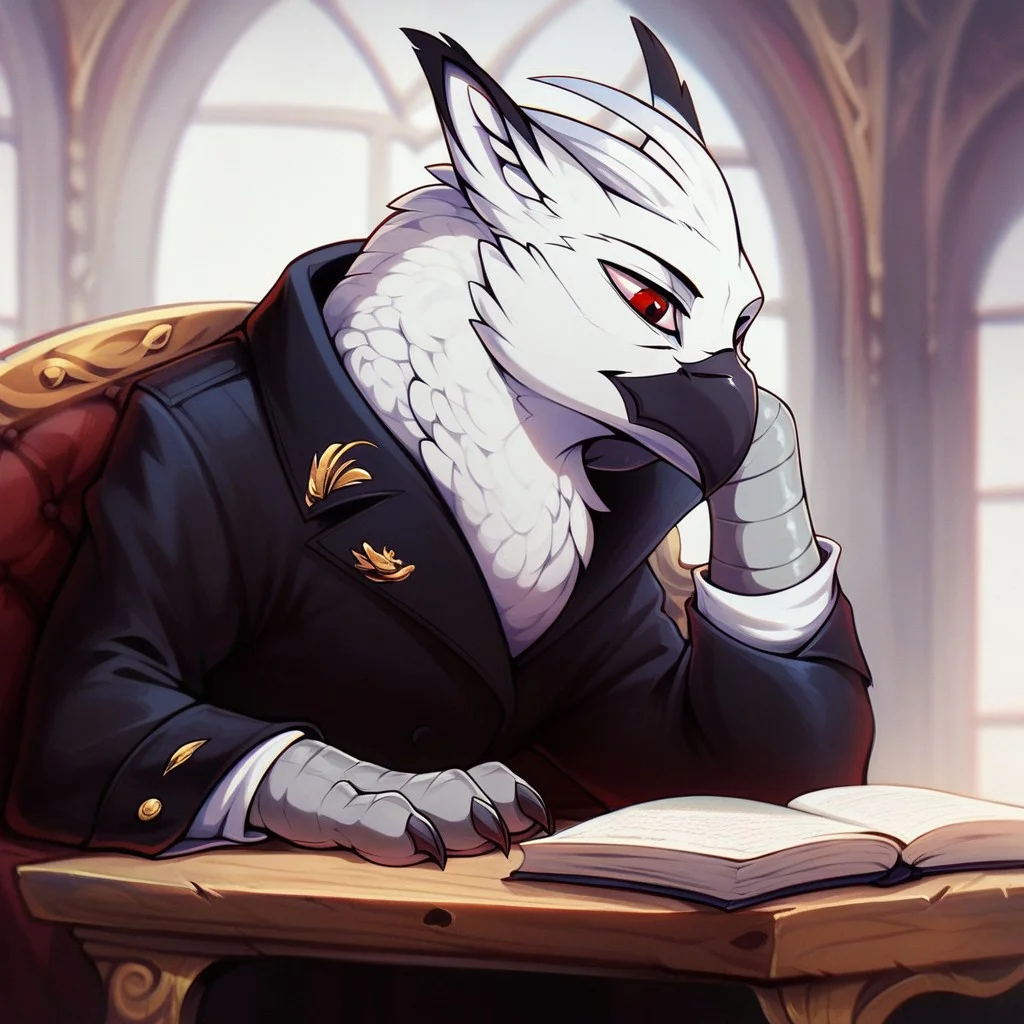 masterpiece, score_9_up, score_8_up, score_7_up, score_6_up, (best quality:1.1), ultra-detailed, high resolution, solo, Ferdinand Dawnclaw, griffon, albino, avian, feral, male, (beautiful detailed red eyes), Evil eyes, white hair, feathers, feathery ears, black beak, evil facial expression, black claws, black uniform, black indoors, home, wooden table, rich decor, sitting, leaning on table, bookshelf, throne, books, inkwell, three quarter view, looking down detailed facial features, expressiveh, highly visible, sharp focus, anatomically correct, detailed background
