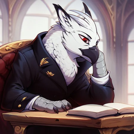 masterpiece, score_9_up, score_8_up, score_7_up, score_6_up, (best quality:1.1), ultra-detailed, high resolution, solo, Ferdinand Dawnclaw, griffon, albino, avian, feral, male, (beautiful detailed red eyes), Evil eyes, white hair, feathers, feathery ears, black beak, evil facial expression, black claws, black uniform, black indoors, home, wooden table, rich decor, sitting, leaning on table, bookshelf, throne, books, inkwell, three quarter view, looking down detailed facial features, expressiveh, highly visible, sharp focus, anatomically correct, detailed background