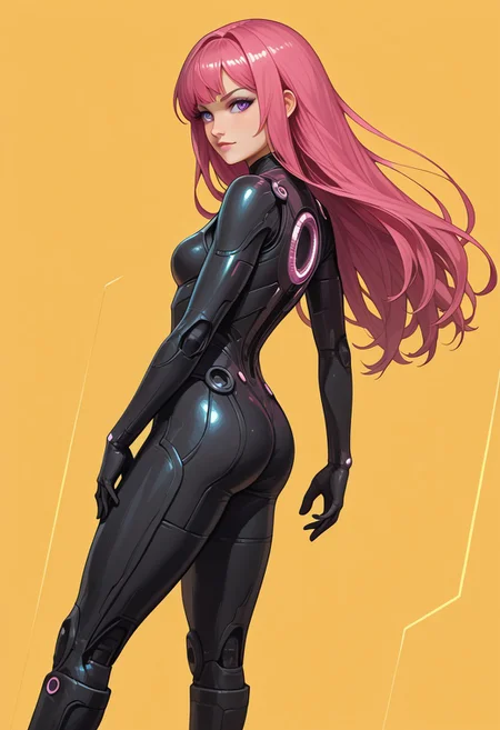 score_9, score_8_up, score_8, masterpiece, best quality, good quality, very aesthetic, absurdres, newest, 8K, depth of field, focused subject, dynamic angle, side view, 1girl,solo, CivChan, android, holofoil glitter, faint, glowing, ethereal, neon hair, glowing hair, long hair, purple eyes, bodysuit, standing looking sweet, stance, coy, looking at viewer, happy, emote {), sci-fimasterpiece, best quality, good quality, very aesthetic, absurdres, newest, 8K, depth of field, focused subject, dynamic angle, side view, 1girl,solo, CivChan, android, holofoil glitter, faint, glowing, ethereal, neon pink hair, glowing hair, long hair, neon purple eyes, looking at viewer, serious, zzCitronLegacy, yellow background elements, giant cyan glowing grid across the entire background,
Looking like the character Gem from the movie Tron Legacy, bright white tight clothes, pale skin, white bun, thick thighs, white boots, black eyeliner, mischievous expression, seen from behind, looking back, rides a TRON Motorbike through the Grid, tron, with angular Speed trail, in a Neon landscape, towering (geometric) structures, dark with vibrant electric-blue highlights, cinematic sci-fi lighting, Shot with wide-angle lens, motion blur, ultra-detailed, photorealistic Tron style.