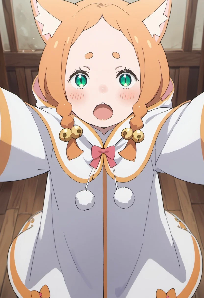 score_9, score_8_up, score_7_up, source_anime, mimi pearlbaton, animal ears, twin braids, bell hair ornament, cat ears, orange hair, green eyes, 1girl, :3, solo, looking at viewer, open mouth, bell, hood, braid, blush, outstretched arms
