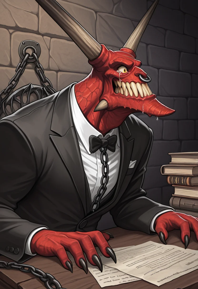 upper body, on table, formal wear, black tuxedo cry, tears, looks side, black claws nails, books, paper, horned_reaper, nose ring, chain, solo, 1man, dungeon office, long teeth mouth, bright torches, torches on wall,
masterpiece,best quality,amazing quality